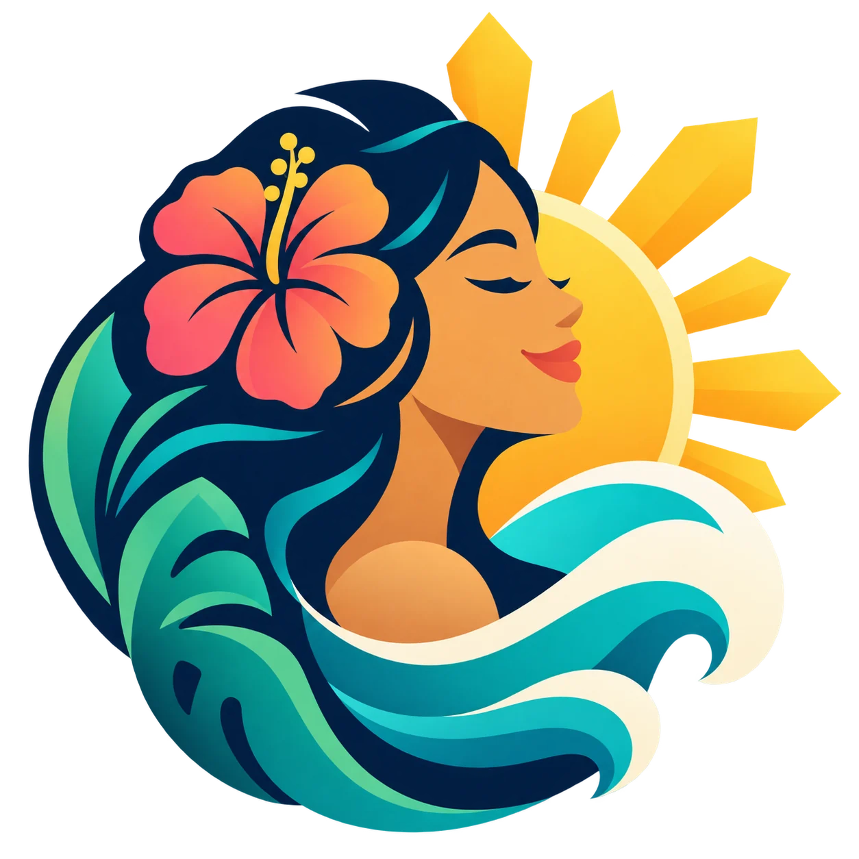PinayColada illustration with a hibiscus flower, sun and ocean waves